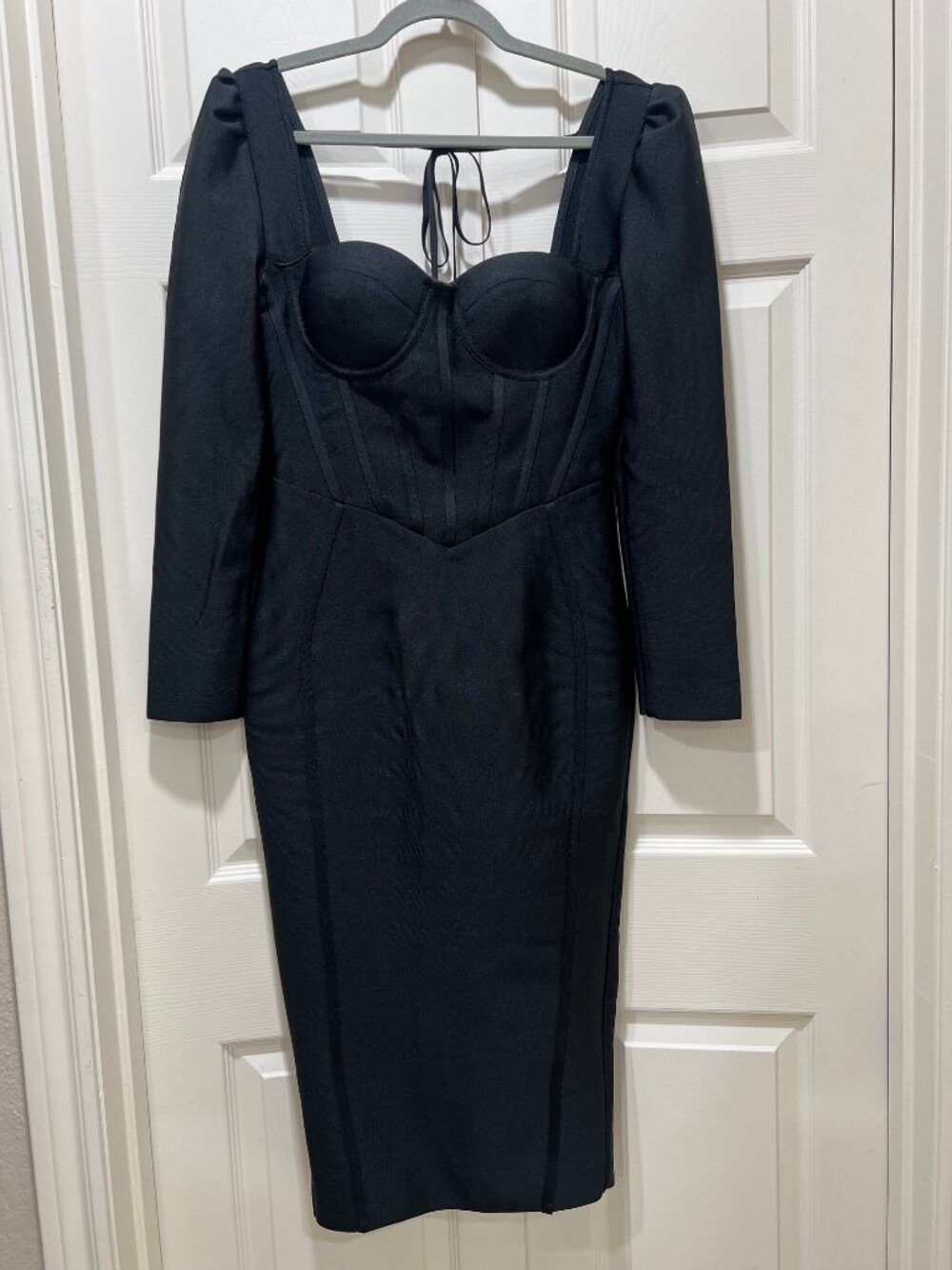 Black Corset Bodycon Midi Dress Long Sleeve Bustier Cocktail Party Dress - XL